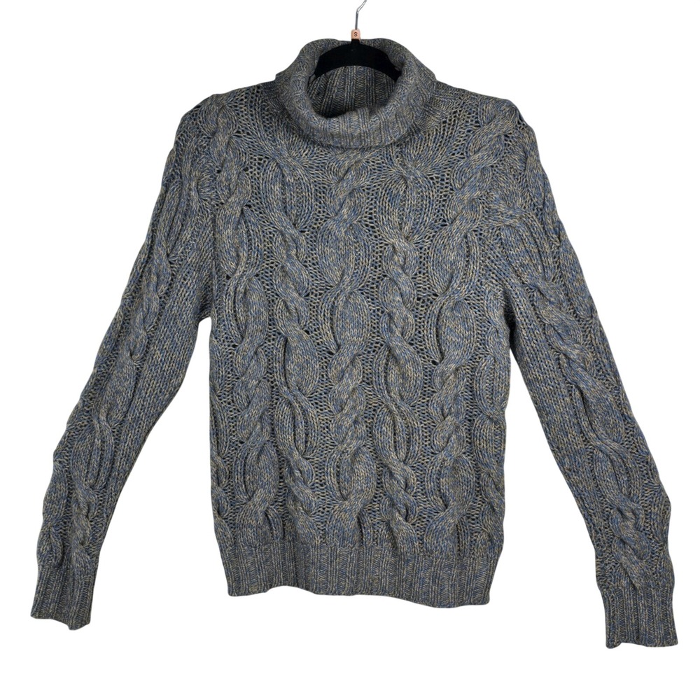 Neiman Marcus Super Yak Cable Knit Turtleneck Sweater Women Medium Blue Gray